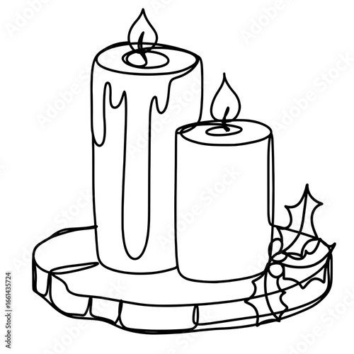 Christmas candle on wooden natural tray with holly continuous one line drawing