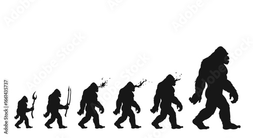 Silhouette illustration showing the evolution of man from ape to modern human form, walking from left to right.