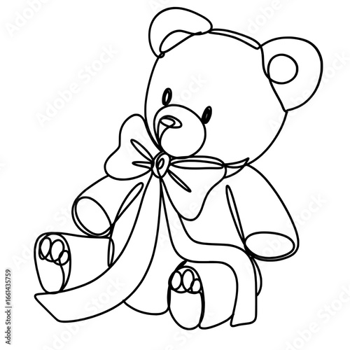 Adorable teddy bear with a bow is sitting  one line art drawing 