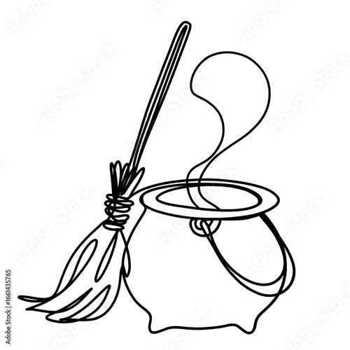 Witch's cauldron and broomstick  one line