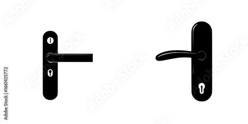 Various door handles displayed on a plain background showcasing different designs and shapes for interior use and architecture