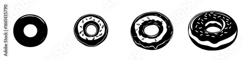 Various styles of donuts displayed in a minimalistic design featuring different toppings and textures