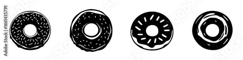 Various donut designs lined up in a creative style showcasing different toppings and shapes