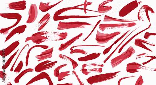 Abstract pattern of various red paintbrush strokes on a white background.