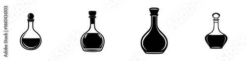Collection of four distinct glass bottles filled with various liquids in a minimalist style on a white background