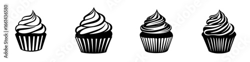 Cupcakes with swirl frosting design arranged in a row against a plain background