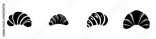 Different styles of croissants lined up on a white background, showcasing variety in shapes and designs