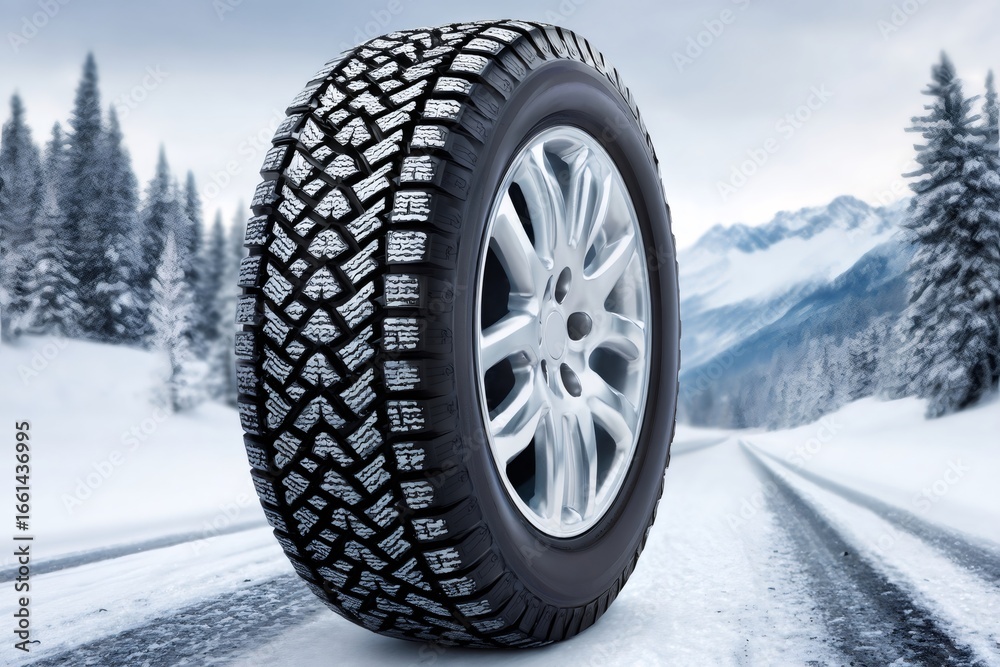Naklejka premium Winter tire standing on snowy road with mountain background