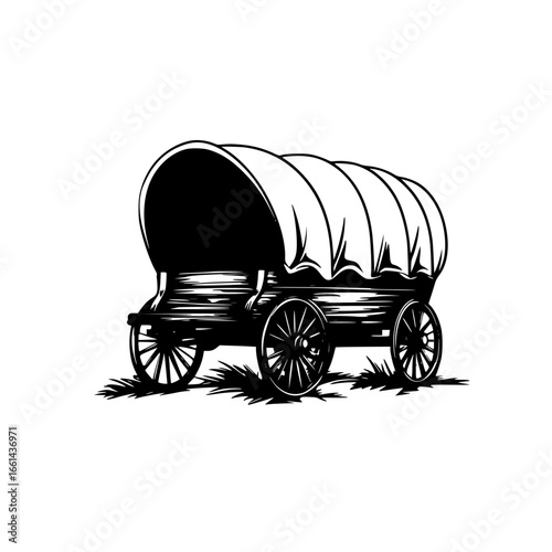 Wagon featuring a large canvas cover parked on grassy land during the day