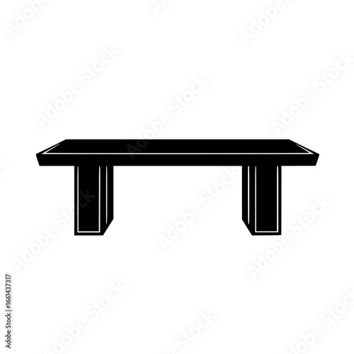 Black wooden table stands prominently in an empty room with minimal decor, providing a sense of simplicity and style