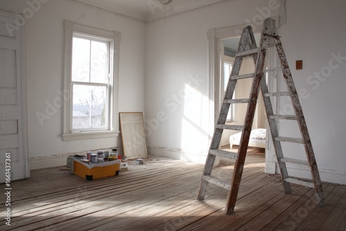 Fix And Flip. Bricolage Project in Raw Unfinished Room of House with Worn Wood Floors