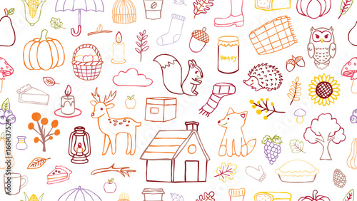 Hand Drawn Fall Doodle Pattern with Pumpkin, Fox, and Leaves. Perfect for kids design, fabric, wallpaper, and festive backgrounds.