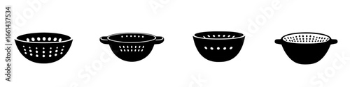 Different styles of colanders displayed in a minimalistic design, showcasing various shapes and sizes for kitchen use