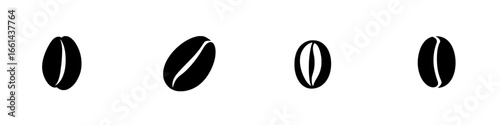 Different types of coffee beans displayed in black silhouettes on a white background