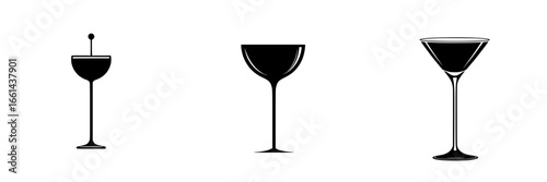 Various styles of cocktail glasses showcased in a minimalistic black-and-white design for modern bar decor