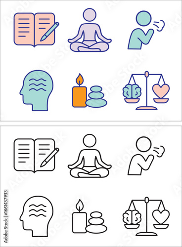 Icons depicting mindfulness practices including meditation journaling and emotional balance in two styles