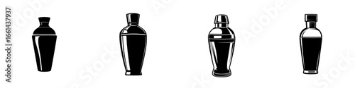 Different styles of cocktail shakers displayed horizontally in a minimalist design