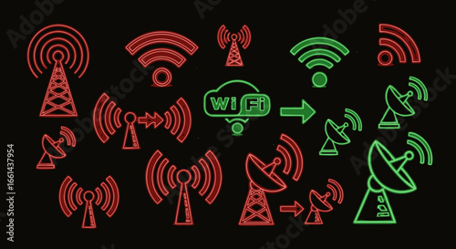 Collection of colorful, outlined icons representing various wireless communication technologies, including antennas, satellite dishes, and Wi-Fi symbols.
