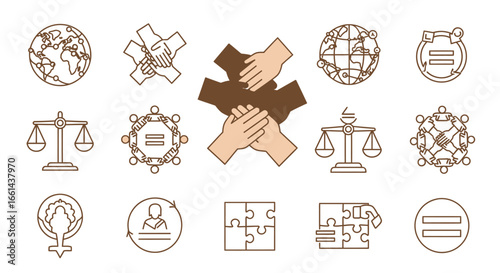 Collection of outline icons representing global equality, human rights, and social justice.