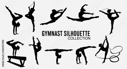 Silhouettes of gymnasts performing various acrobatic and rhythmic exercises.