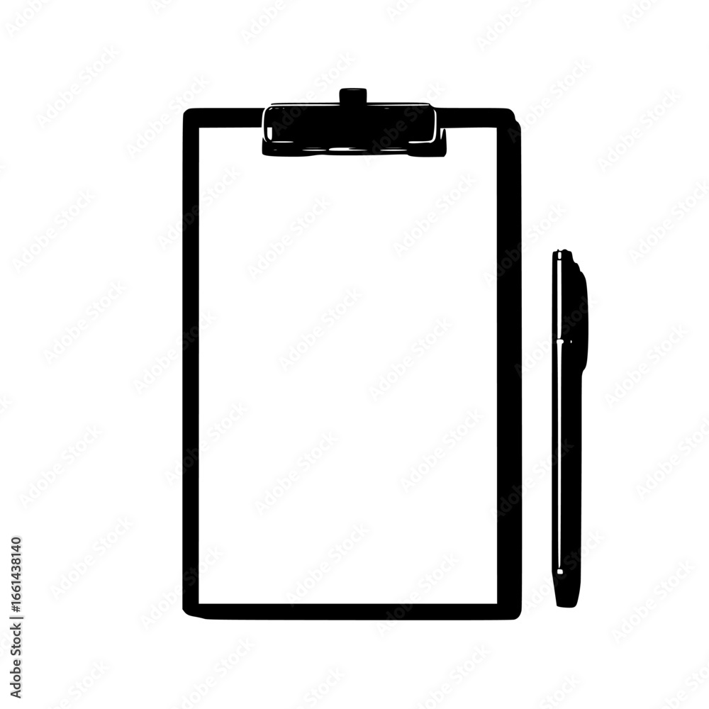 Blank clipboard with pen resting beside it for note-taking and organization at the workplace Blank clipboard with pen resting beside it for note-taking and organization at the workplace