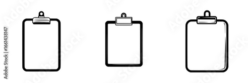 Blank clipboards arranged in a row showcasing various sizes and perspectives in a simple design layout