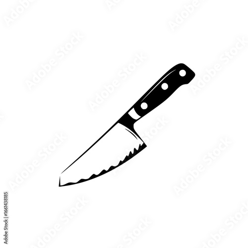 Sharp kitchen knife with serrated edge and black handle placed on a white background