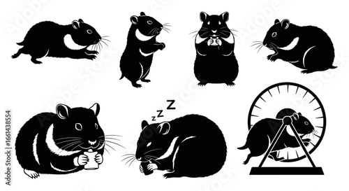 Charming black hamster silhouettes in various poses, perfect for pet-related designs and branding