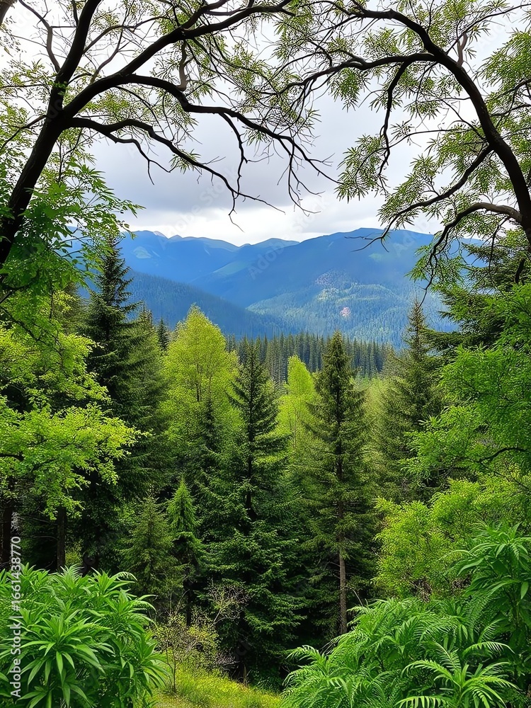 Fototapeta premium an image of a view of a forest with a mountain in the background, there is a view of a forest with a mountain in the background