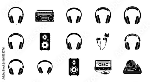 Music icons collection featuring headphones, speakers, boombox, and classic audio equipment