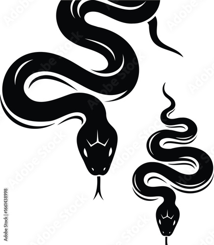 Two black snake silhouettes with curved bodies and forked tongues on a white background. The image represents danger, mystery, reptile symbolism. Vector illustration