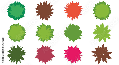 Collection of twelve stylized overhead views of various shrubs and bushes.