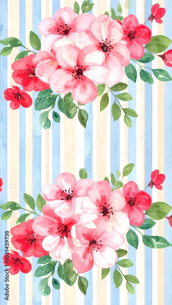 Obraz premium Watercolor floral pattern on striped background