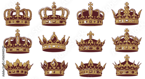 Ornate royal crowns with gold, jewels and velvet, symbolizing power, luxury, and regal status for design.