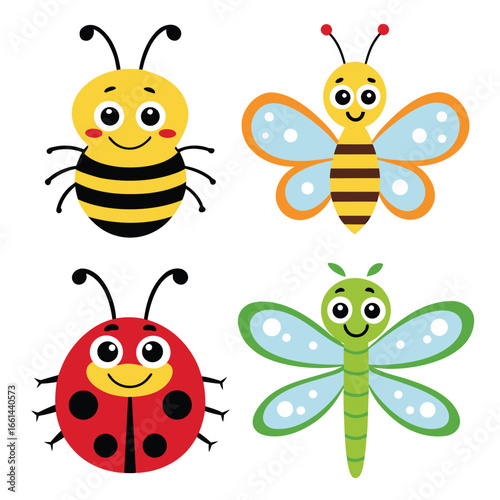 Adorable cartoon insects: bee, butterfly, ladybug, and dragonfly illustrations; cheerful, bright colors; perfect for children's books, educational materials, or whimsical designs.