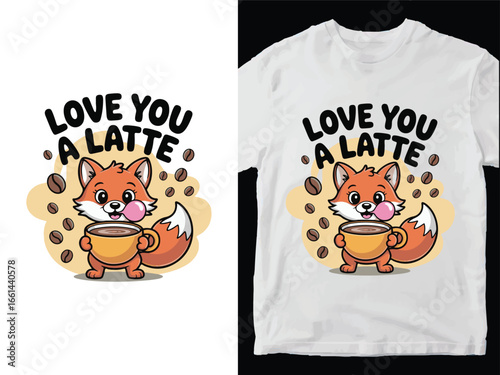 Love You a Latte - Cute Fox Cartoon Coffee Lover T-shirt Design. Funny Tee