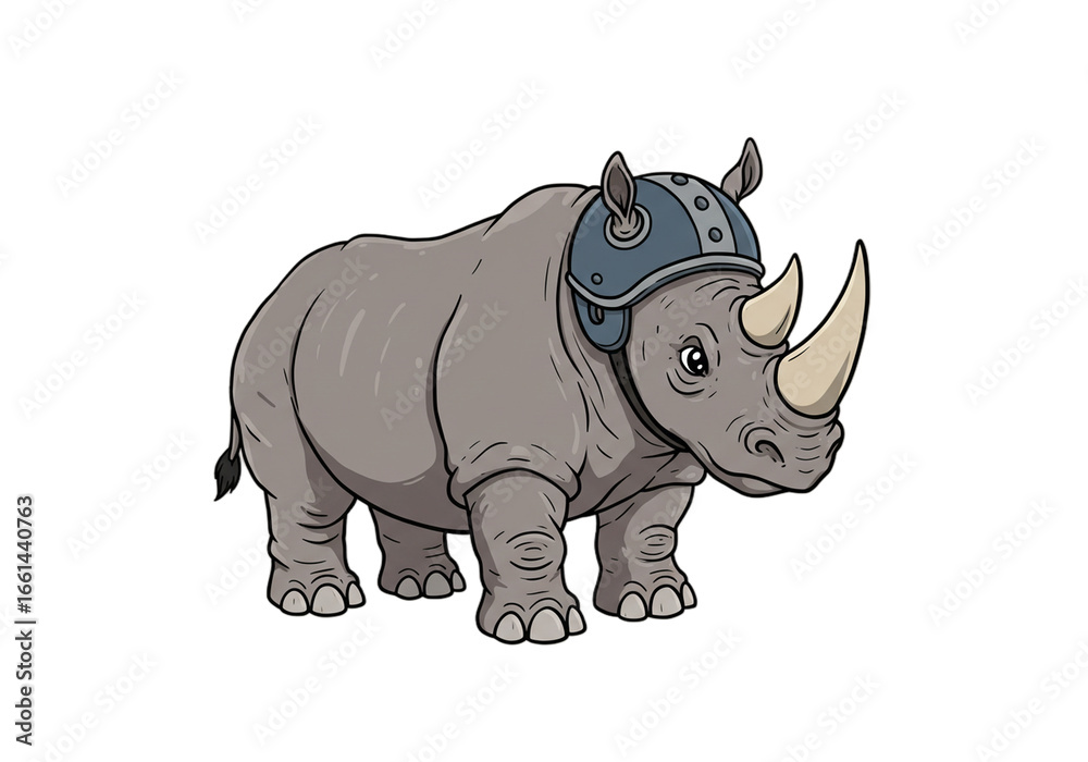 Fototapeta premium Cartoon Rhino with Helmet Illustration on Black Background png, isolated on transparent background