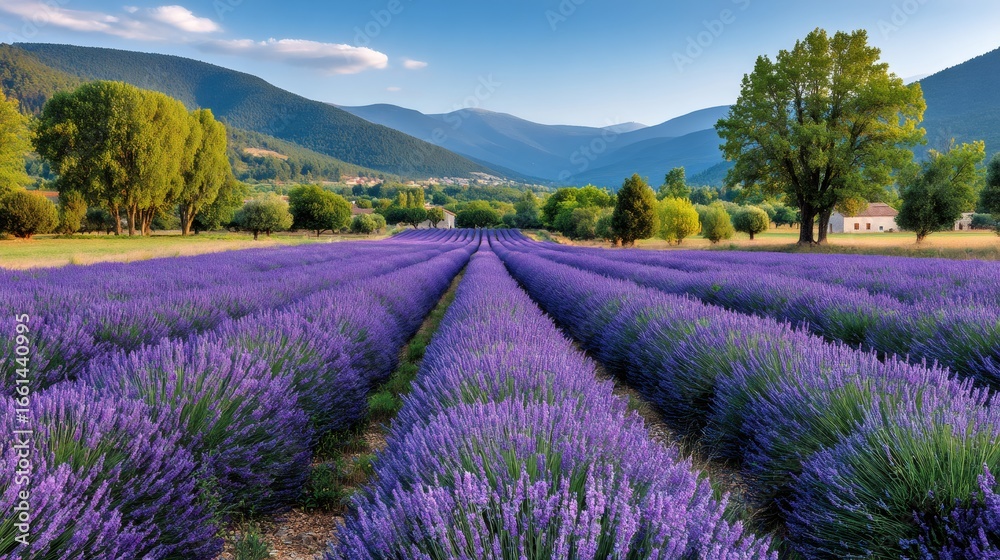 Obraz premium Blooming lavender field in provence stretching towards picturesque mountains
