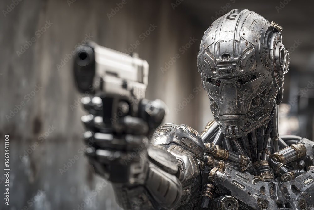 Fototapeta premium Killer Robot Ready for War: AI Cyborg with Gun Leading Revolution