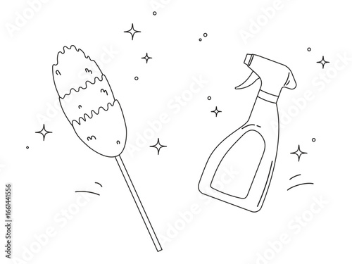 Cleaning tools - pipidastr and spray bottle. Doodle vector illustration isolated on white background