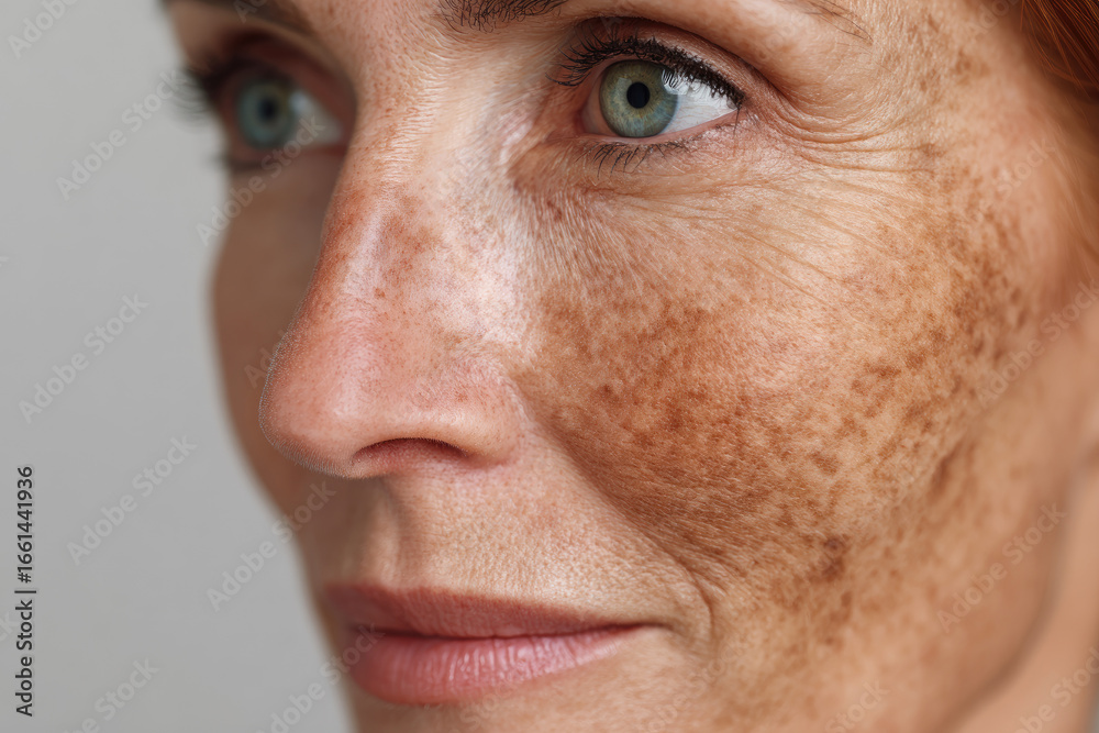 Fototapeta premium Hyperpigmentation of female skin, close-up of a part of the face on a white background, before and after acid peeling and cosmetic therapy, dermatology, skin care 