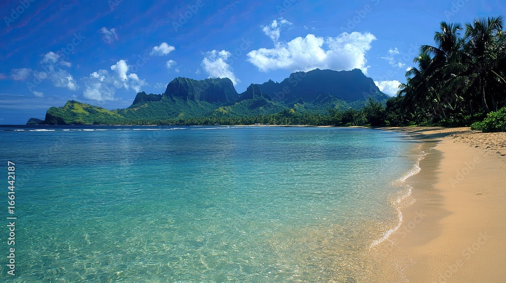 Fototapeta premium Tropical Beach Scene with Majestic Mountains and Clear Water