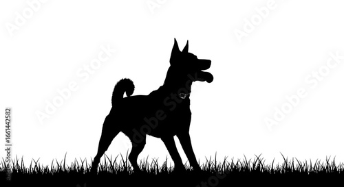 Playful dog silhouette with tongue out in lush grass, capturing pure joy and outdoor freedom.