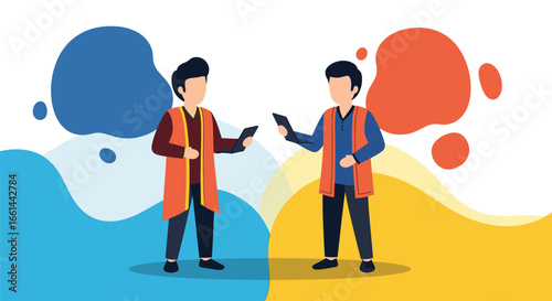 Two workers in vests collaborate with tablets, representing teamwork, digital communication, and efficient problem-solving in business or industry.