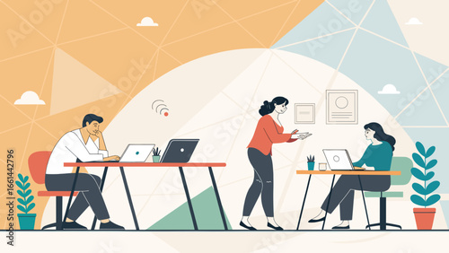 Professionals actively working and collaborating in a modern, connected office environment, symbolizing teamwork, productivity, and digital business solutions.