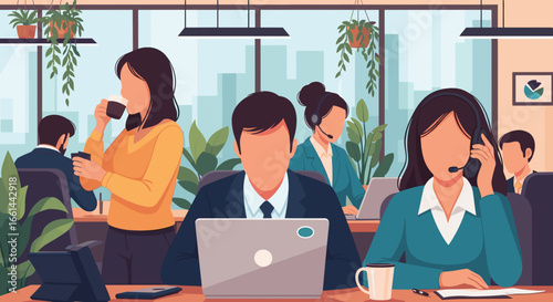 Diverse team collaborating and providing support in a modern, productive open-plan office environment. Ideal for business, customer service, or professional lifestyle concepts.