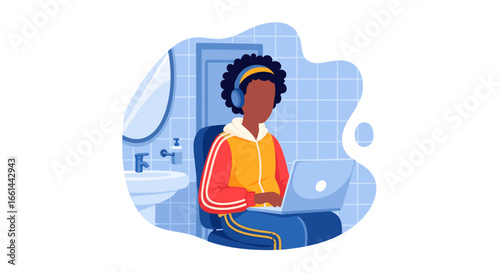 Person working remotely on laptop with headphones in a tiled bathroom, highlighting unconventional work-from-home spaces and digital productivity.