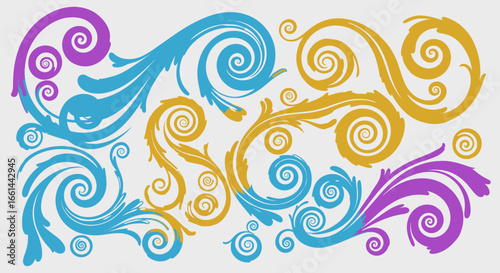 Vibrant rainbow swirls and flourishes create dynamic, celebratory decorative elements for joyful design.