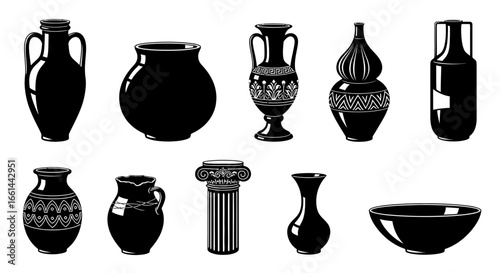 Elegant ancient pottery collection featuring amphorae, vases, bowls, and columns for design projects