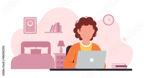 Person working or studying from home, comfortably seated at a desk with a laptop in a cozy bedroom. Ideal for remote work, online education, or freelance concepts.